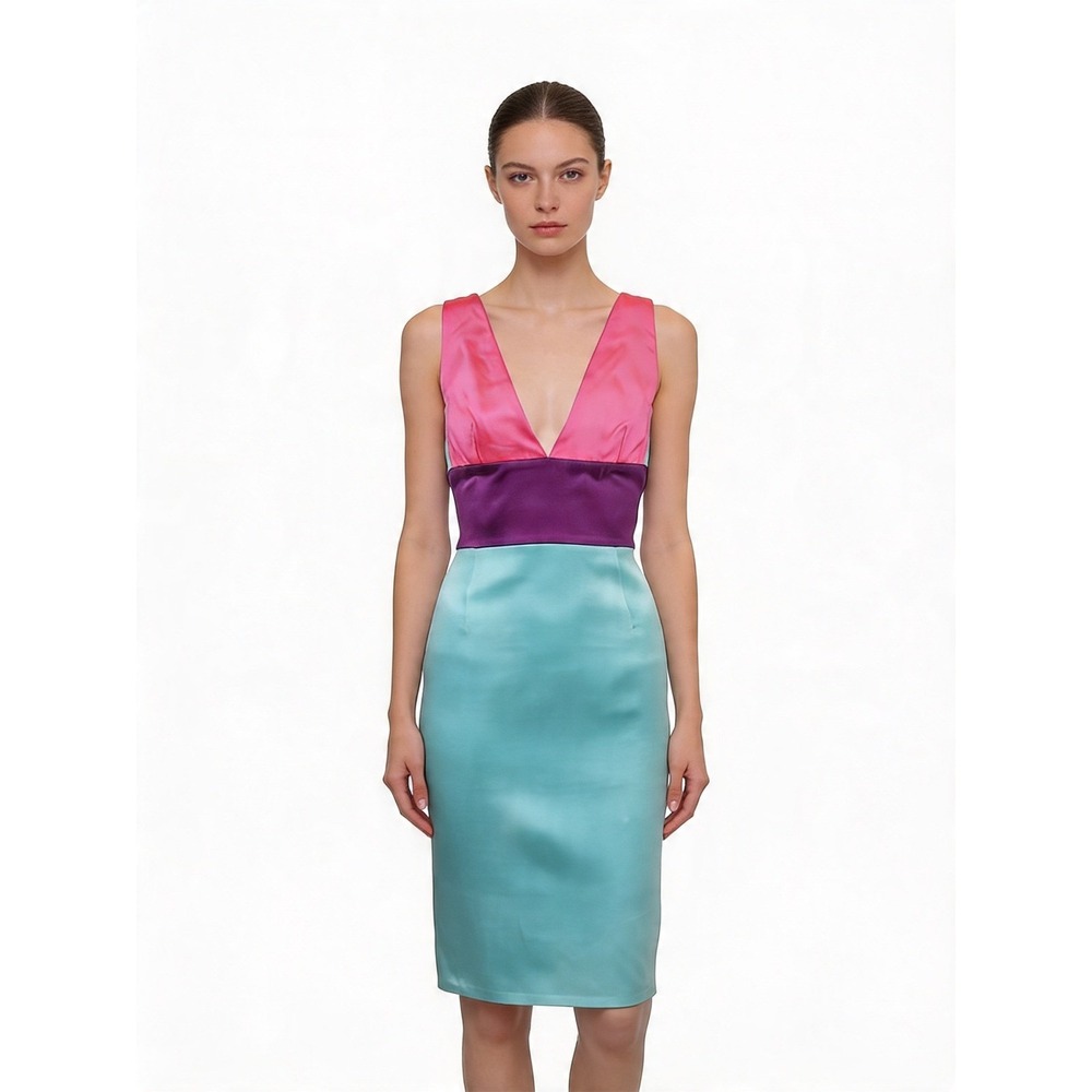 Fausto Puglisi Silk Colorblock Sheath Dress Deep V Cocktail Midi US 6/IT 42
